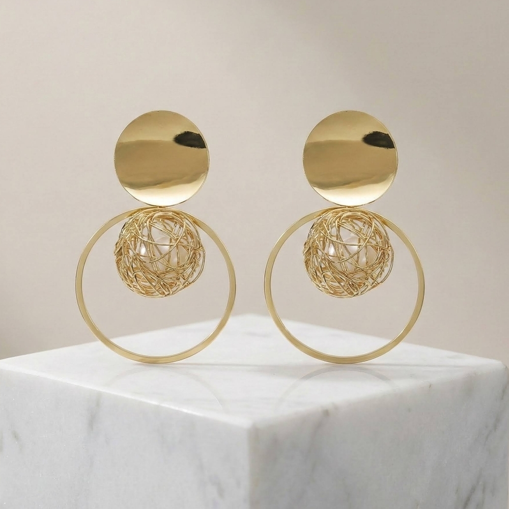 Gold Plated Wire Mesh Faux Pearl Sphere Statement Drop Earrings Geometric Chic - Picture 5 of 15